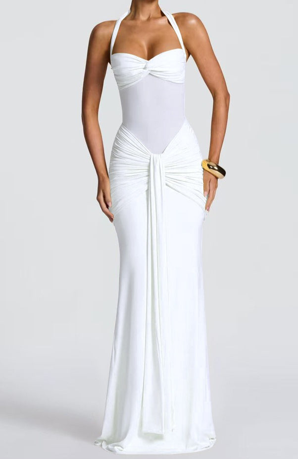 Halter Twist-Front Mesh Panel Ruched Mermaid Gown
