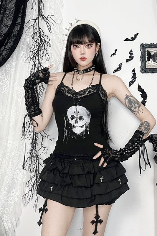 Lace Trim Gothic Skull Graphic Cami Corset