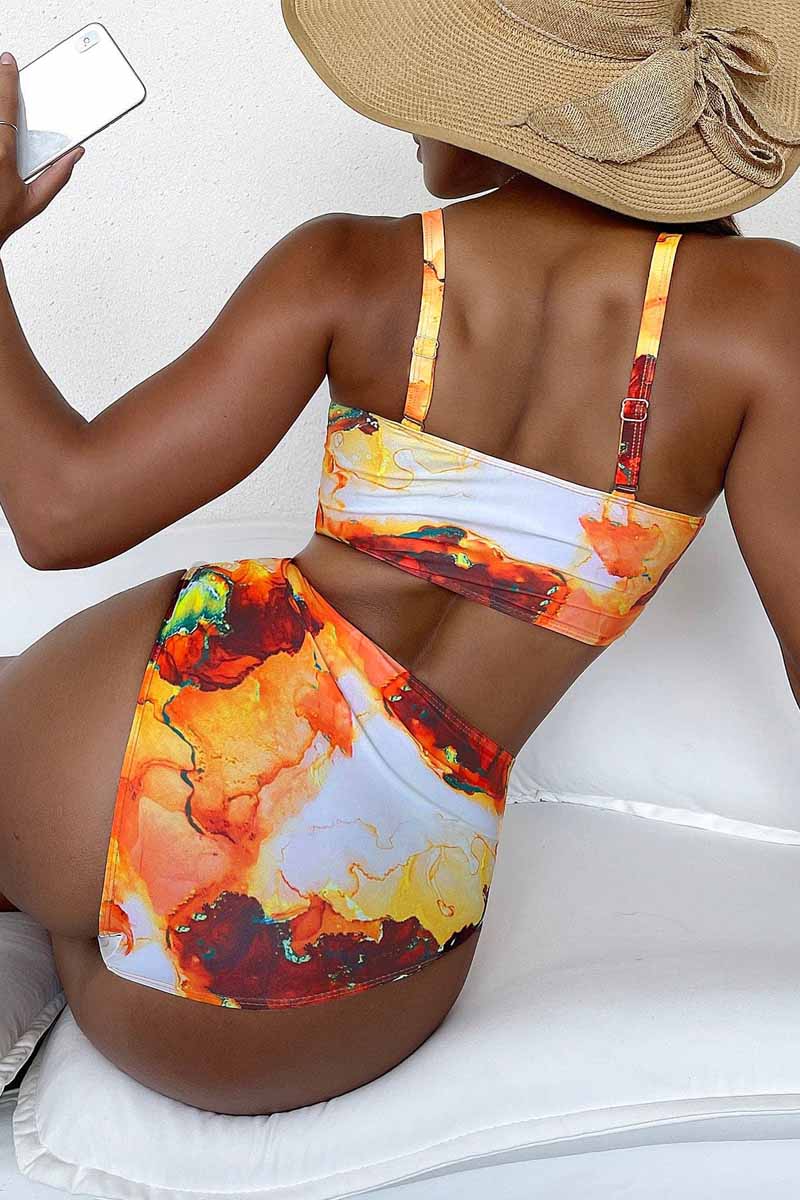 Marble Print Ruched Push Up Two Piece Swimsuit - Fashionpara