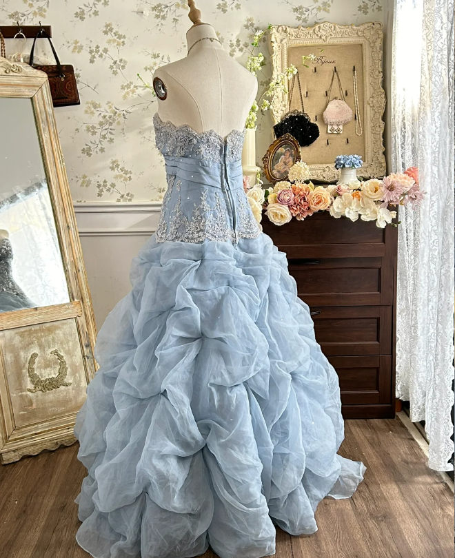 Vintage Princess Light Hazy Blue Strapless Lace Embroidered Tulle Ball Gown Evening Dress P4282