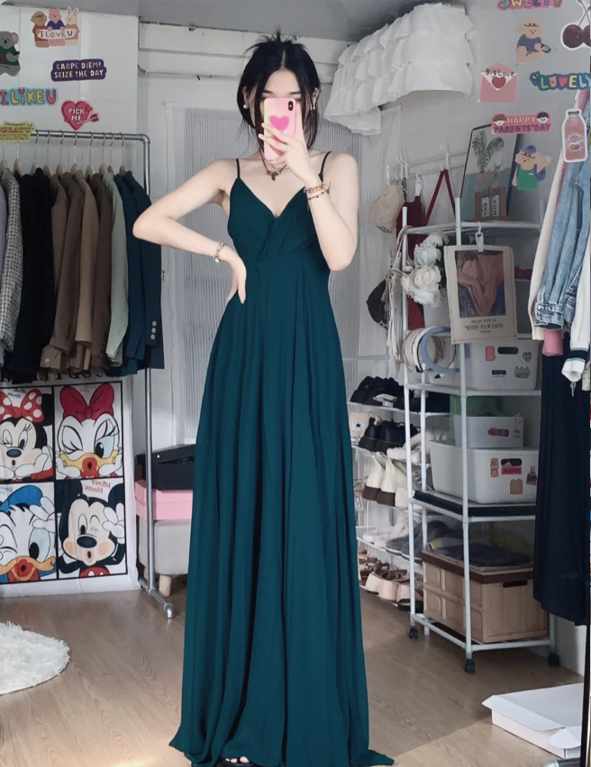 Simple Dark Green A-Line V-Neck Halter Chiffon Long Prom Dress Evening Dress Bridesmaid Dress P4283