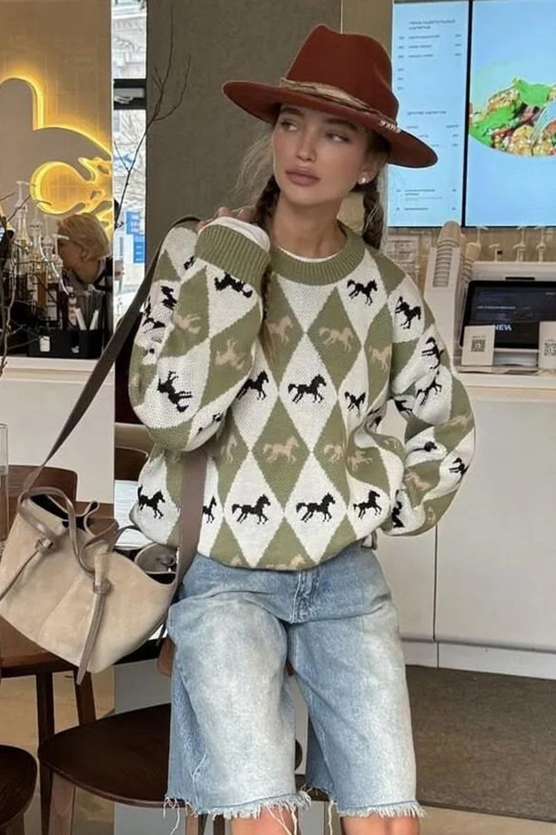 Casual Horse Graphic Pullover Sweater