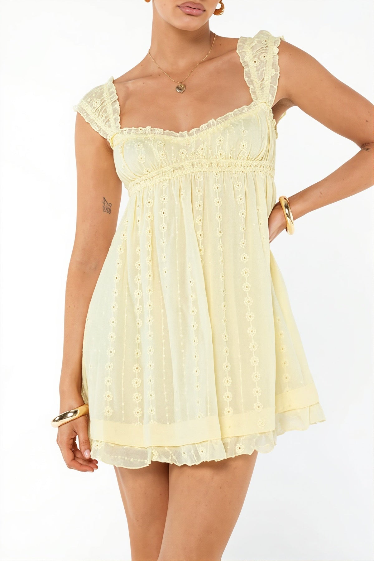 Broderie Square Neck Ruffle Strap Babydoll Mini Dress