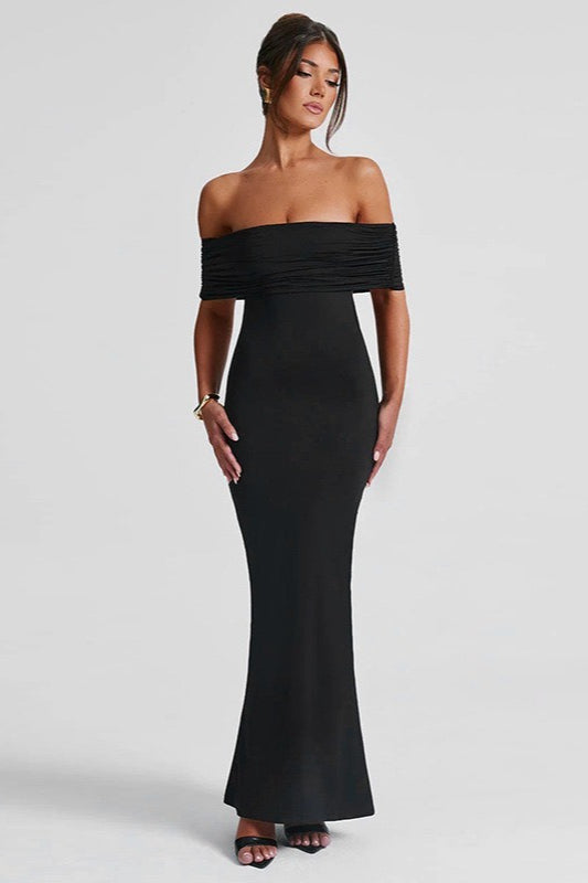 Off Shoulder Foldover Bardot Fishtail Maxi Dress