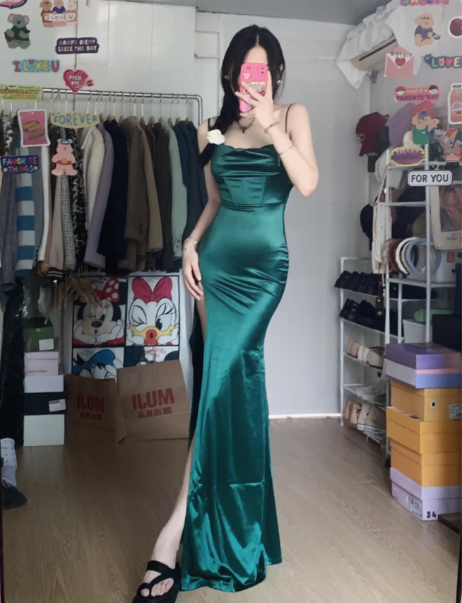 Simple Mermaid Dark Green Thin Strap High Slit Satin Long Prom Dress Evening Dress P4284