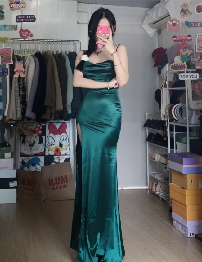 Simple Mermaid Dark Green Thin Strap High Slit Satin Long Prom Dress Evening Dress P4284