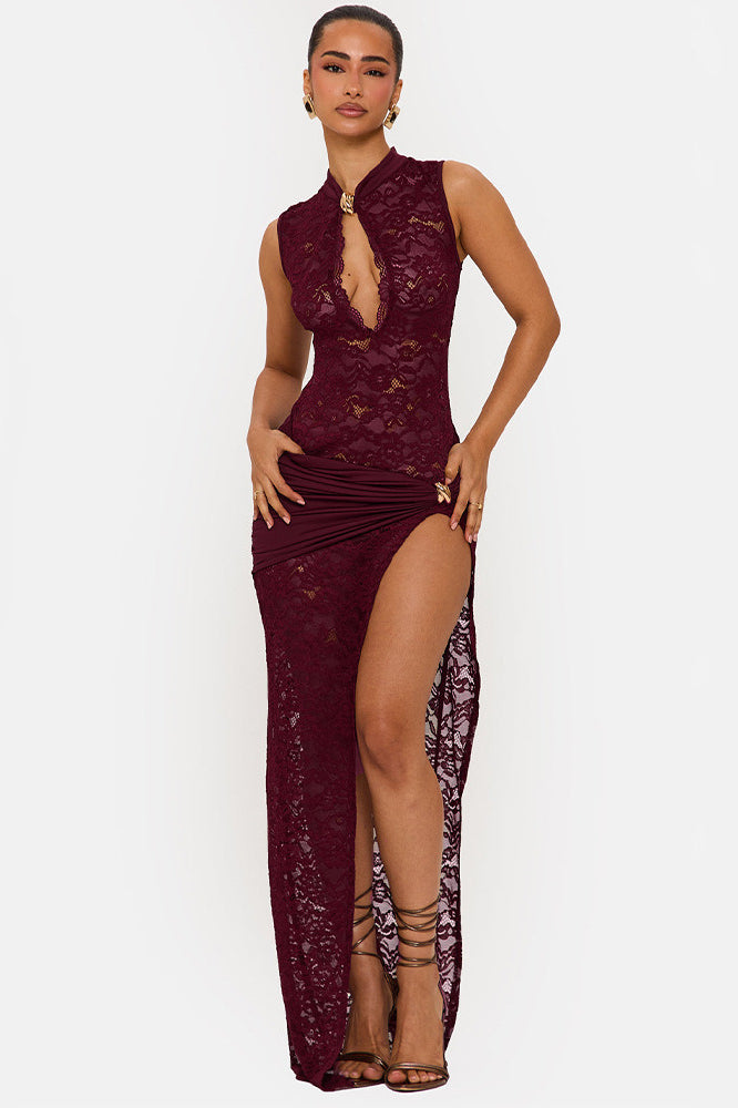 Lace High Neck Keyhole High Split Maxi Gown 5