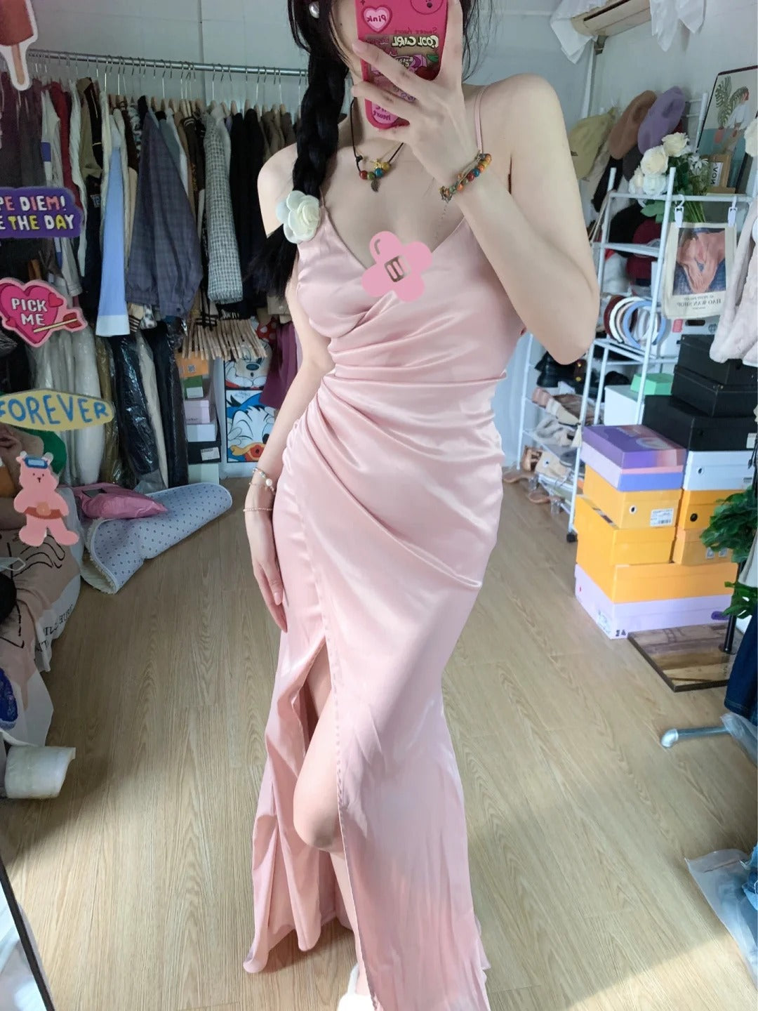 Sweet Pink Mermaid V-neck Spaghetti Strap Satin Slit Long Prom Dress Evening Dress P4285