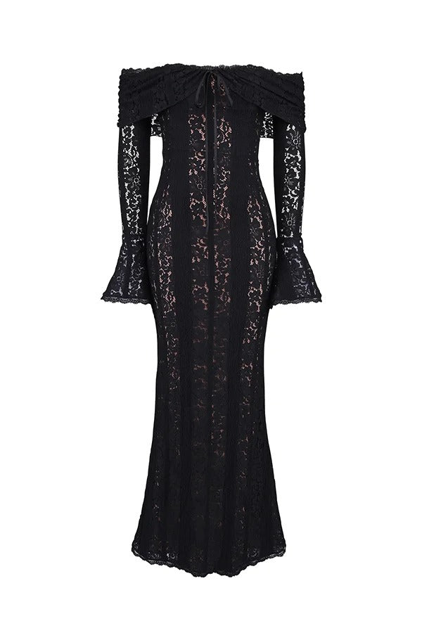 Leila Off Shoulder Floral Lace Flared Sleeve Fishtail Maxi Dress - View 18