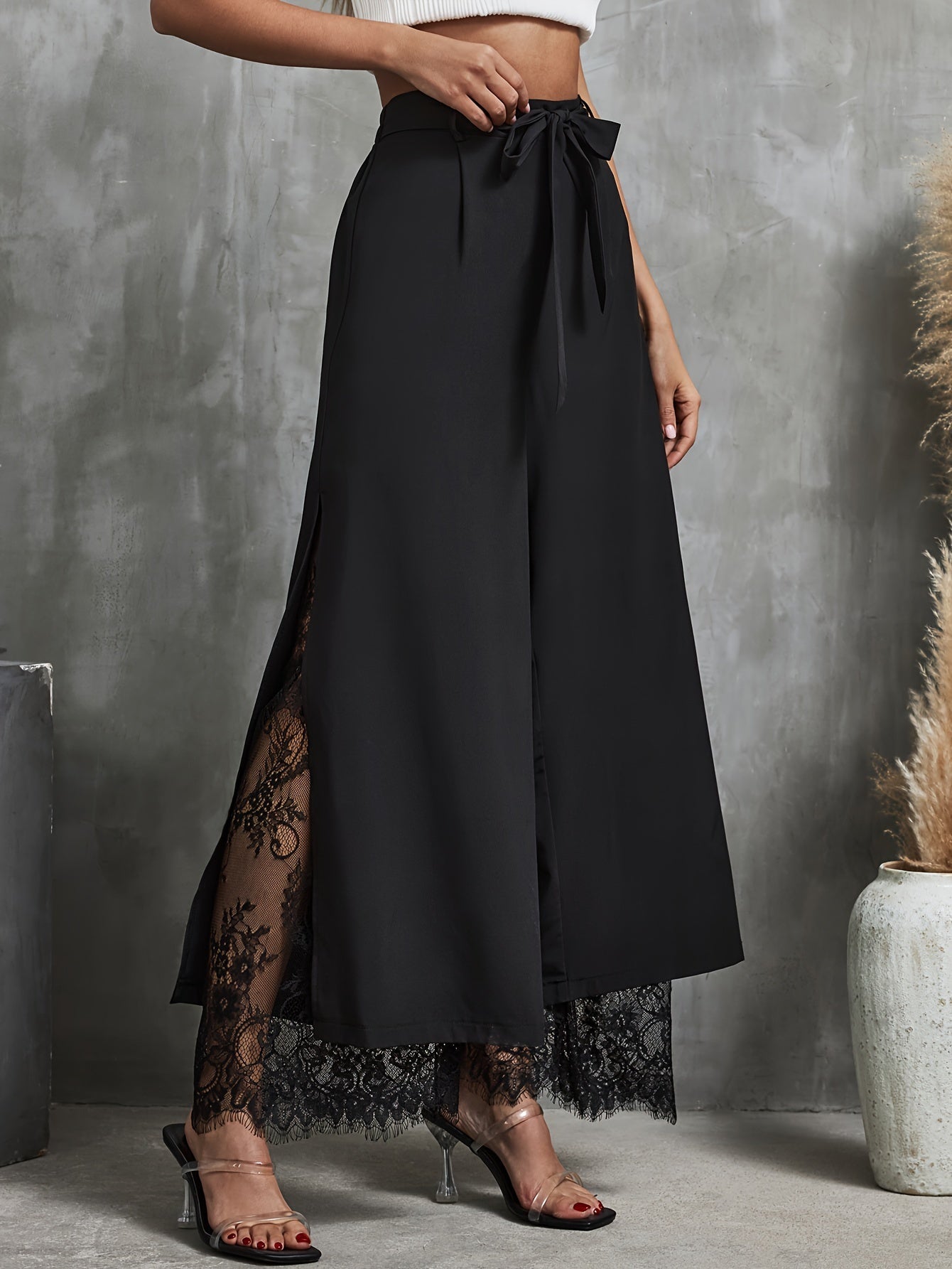 Elegant Lace Trim Elastic Waist Wide-Leg Palazzo Pants