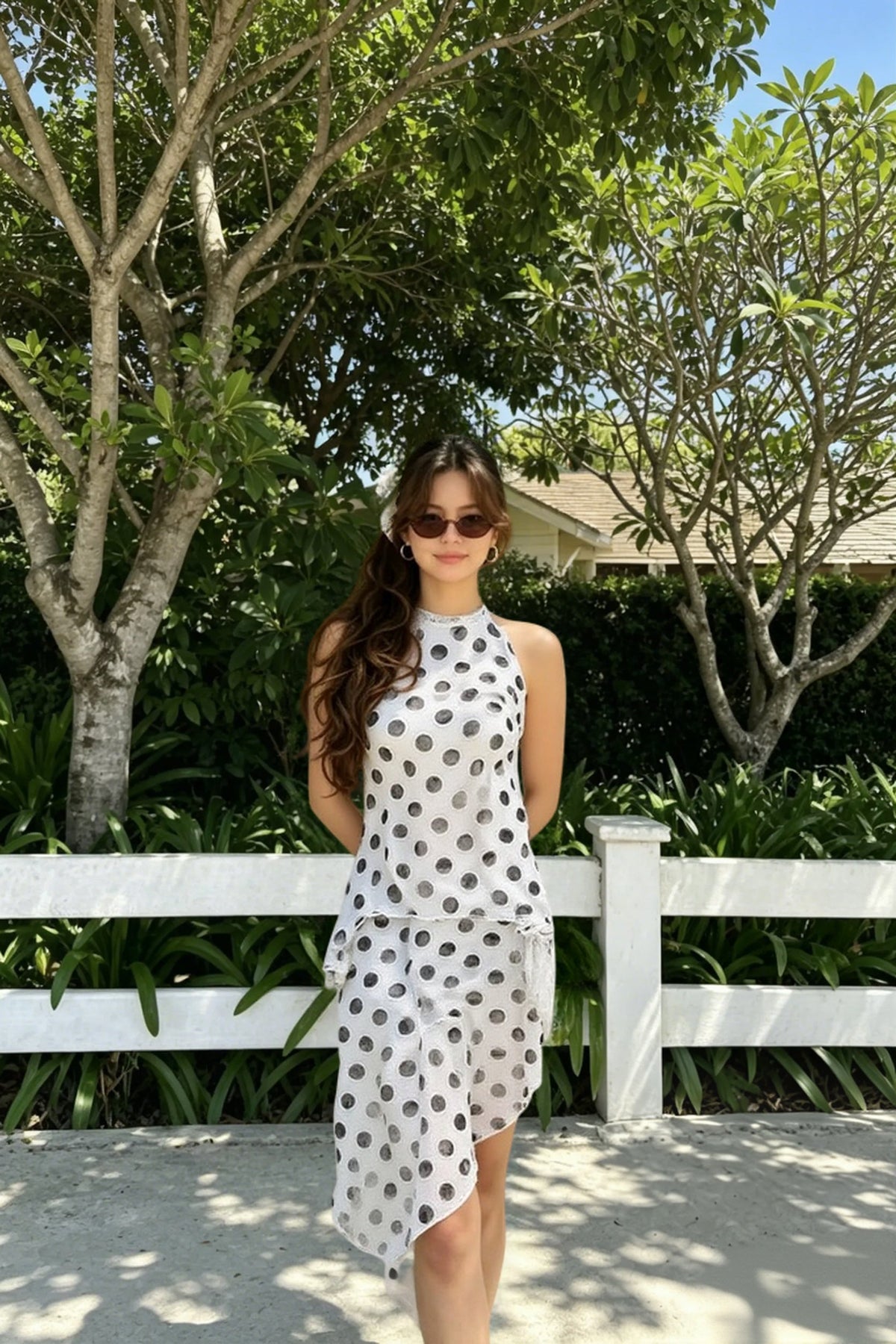 Polka Dot Halter Neck Asymmetric Hem Two-Piece Set