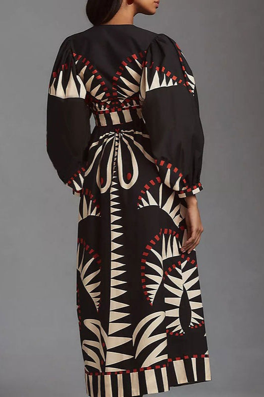 Geometric Print V-Neck Puff Sleeve Button Front Maxi Dress 4