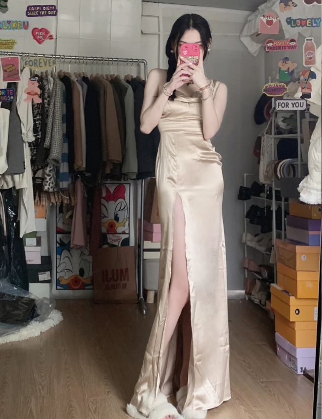 Elegant Champagne High-Slit Satin Long Prom Dress Evening Dress P4286