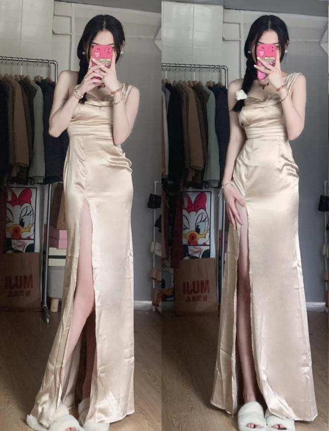 Elegant Champagne High-Slit Satin Long Prom Dress Evening Dress P4286