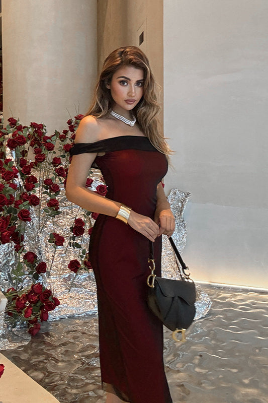 Off-Shoulder Mesh Colorblock Bodycon Party Dress - Fashionpara