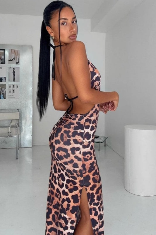 Sexy Leopard High Waist Backless Maxi Dress