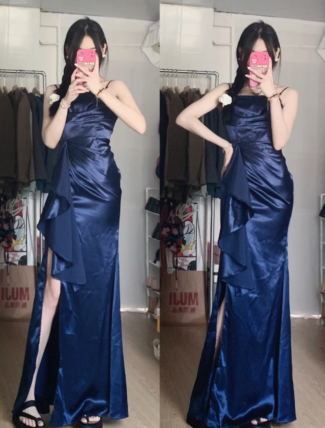 Elegant Navy Blue Mermaid High-Slit Ruffled Satin Long Prom Dress Evening Dress P4288