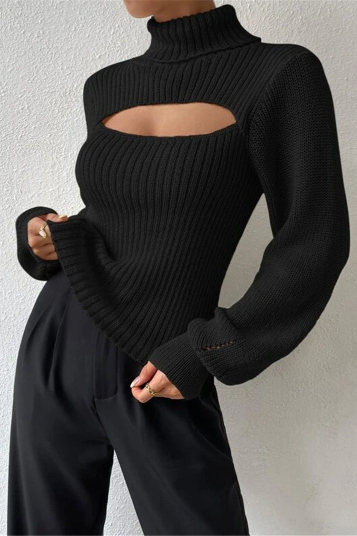 Cutout Turtleneck Balloon Sleeve Knit Sweater