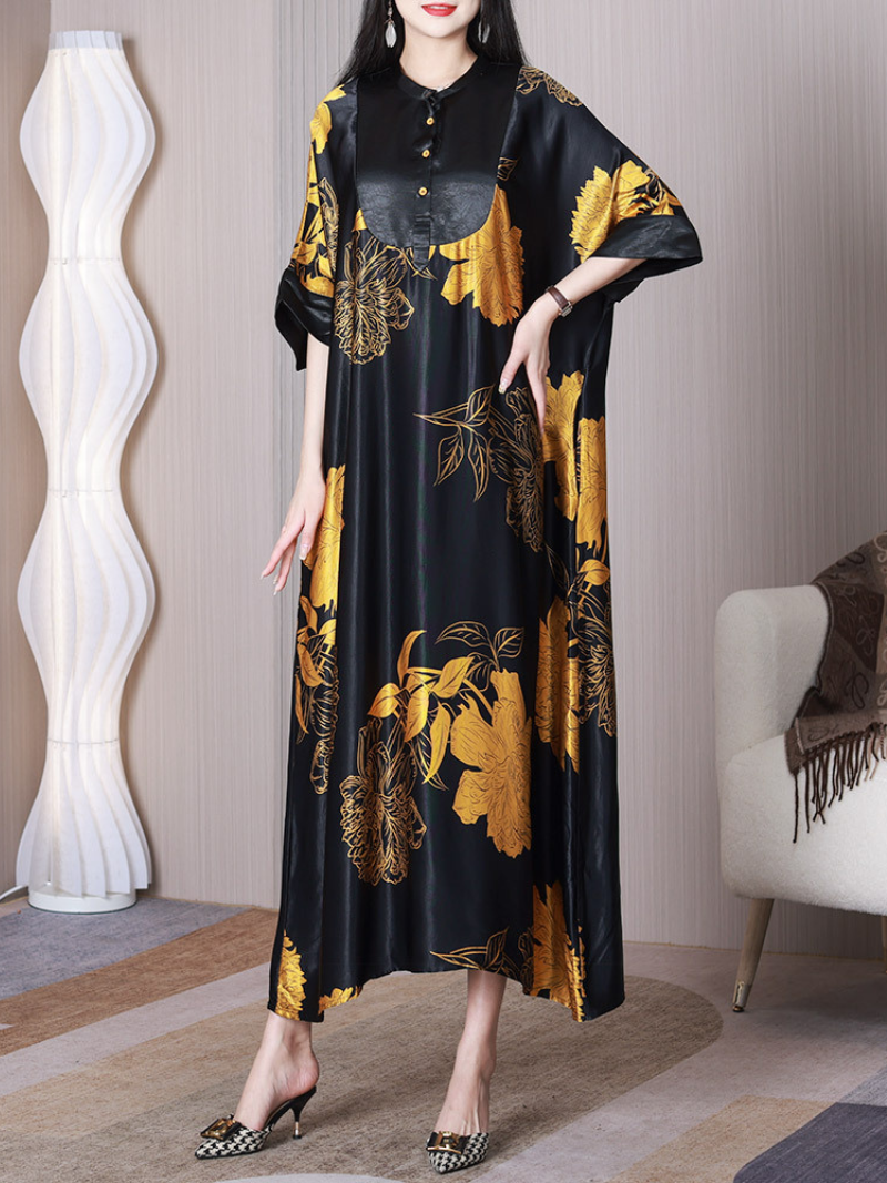 Floral Print Stand Collar Half-Button A-Line Maxi Dress 3