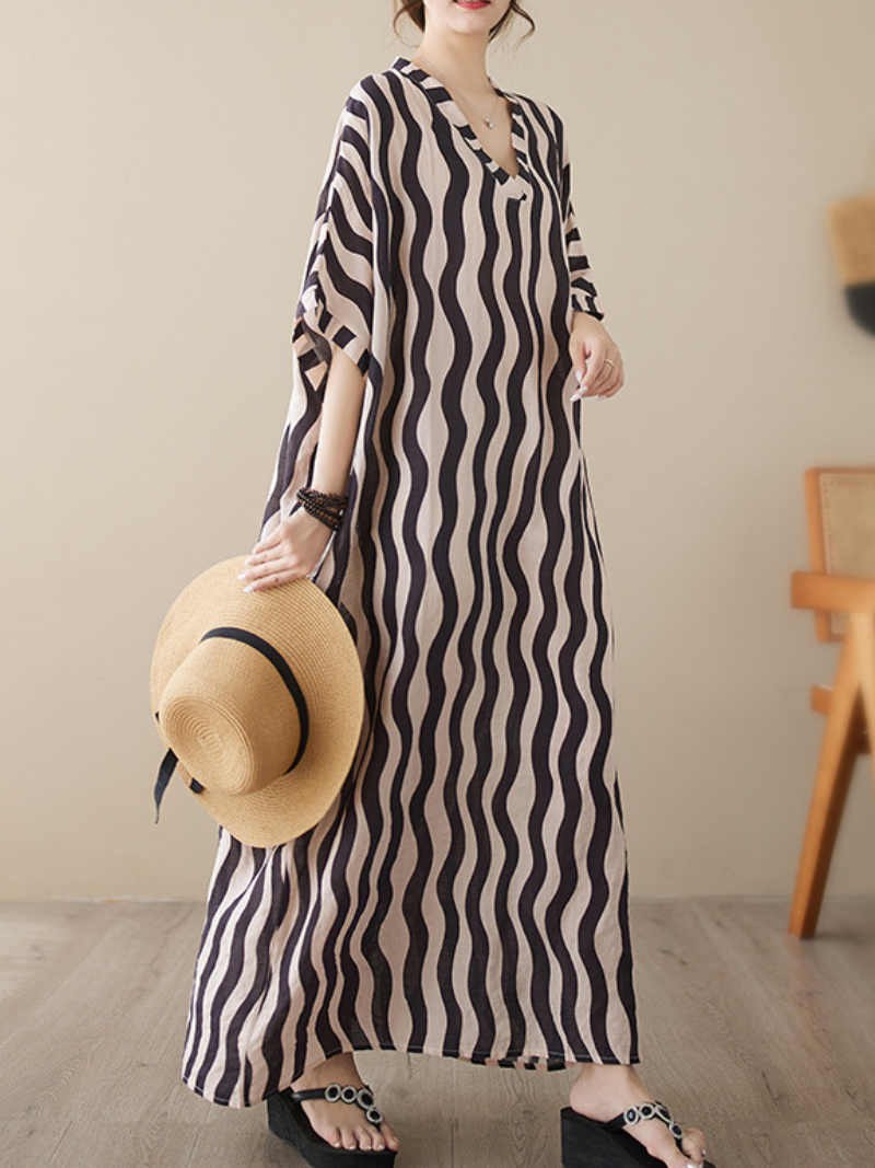 Wavy Stripe V-Neck Short Sleeve Kaftan Maxi Dress 2