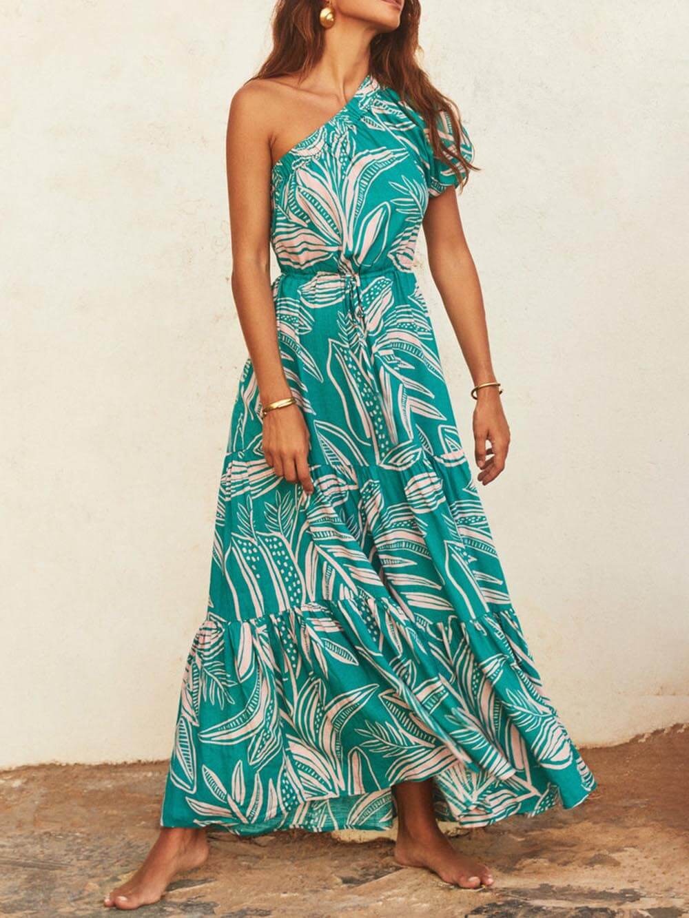 Palm Leaf Print Off-Shoulder Holiday Style Floral Dress - Fashionpara