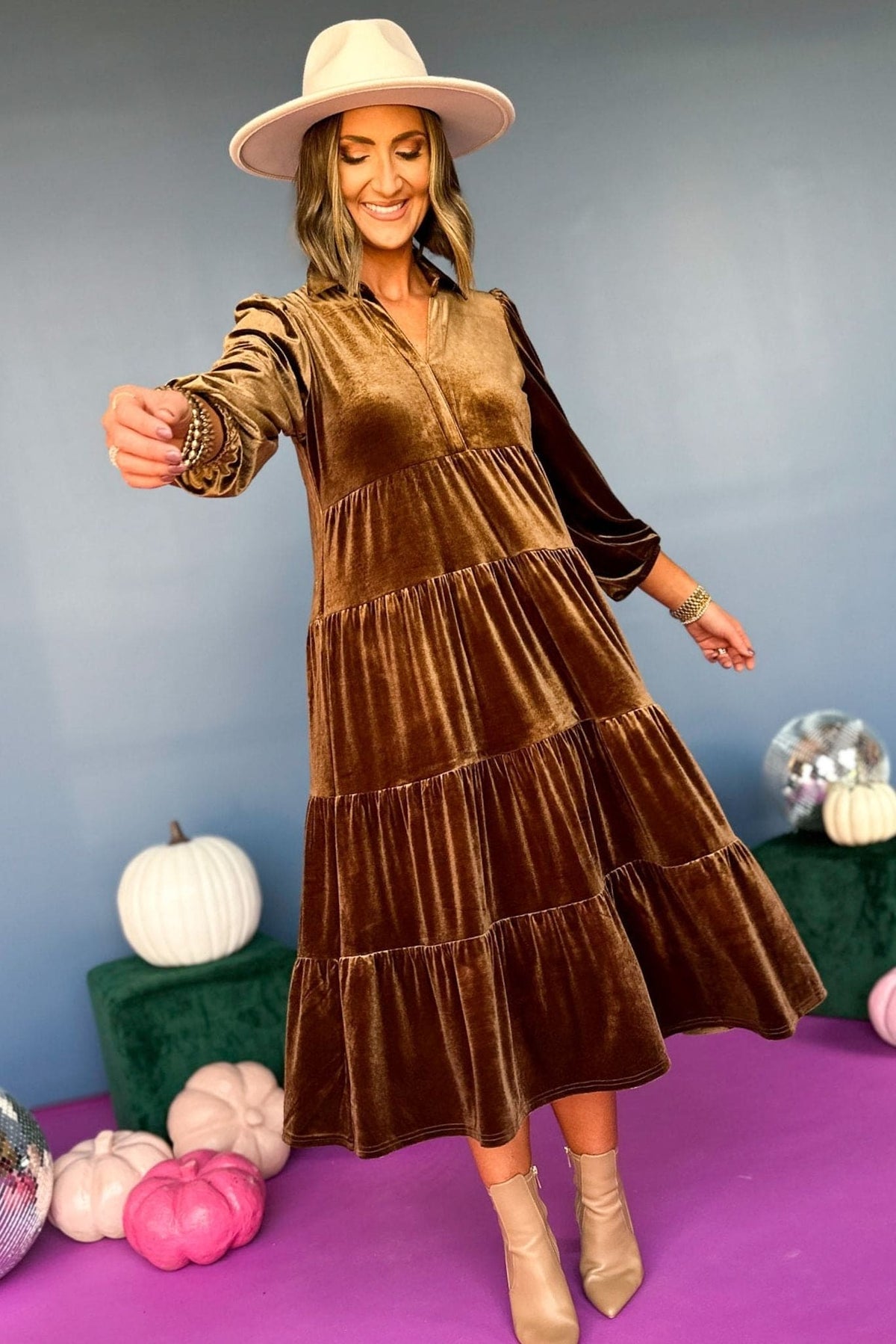 Velvet Collared Long Sleeve Tiered Swing Midi Dress