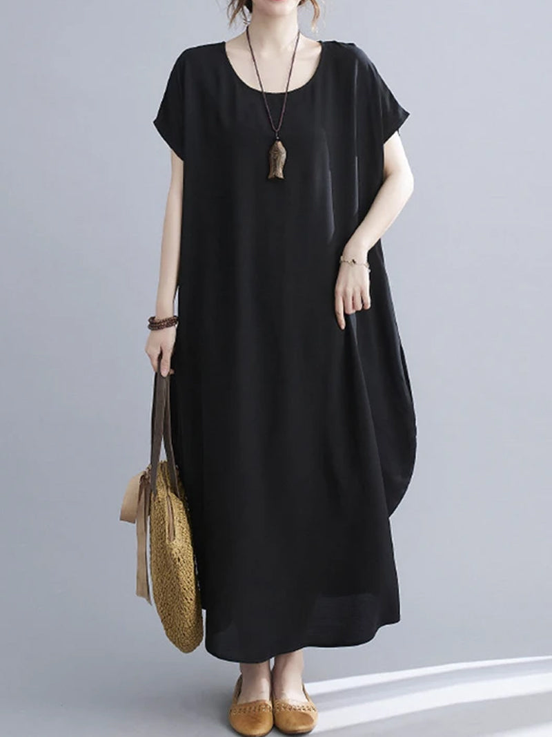 Cotton Round Neck Short Sleeve Cocoon Midi Dress 2