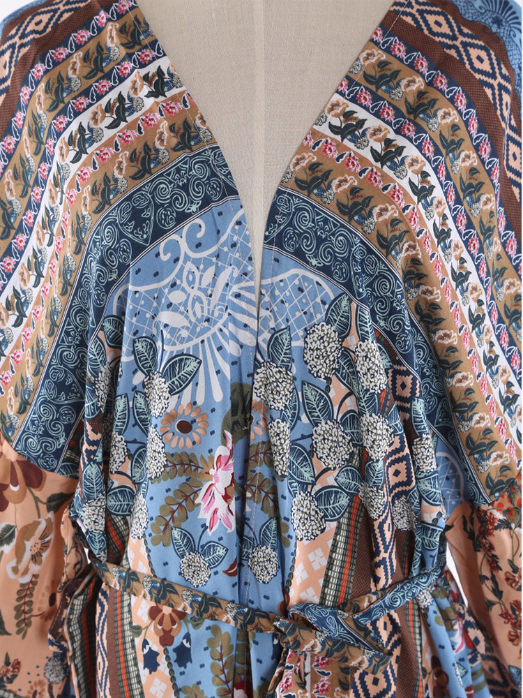 Printed Multicolor Cotton Long Length Gown Kimono Duster Robe - Fashionpara