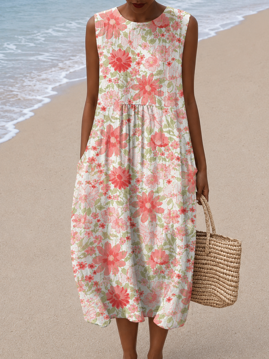 Floral Sleeveless Crew Neck Pocket Linen Look Midi Dress