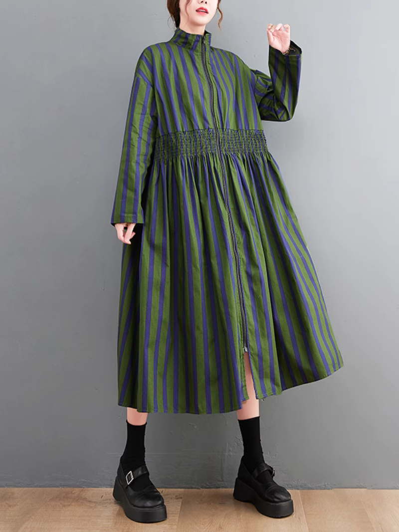 Striped Stand Collar Long Sleeve Zip-Front A-Line Midi Dress 8