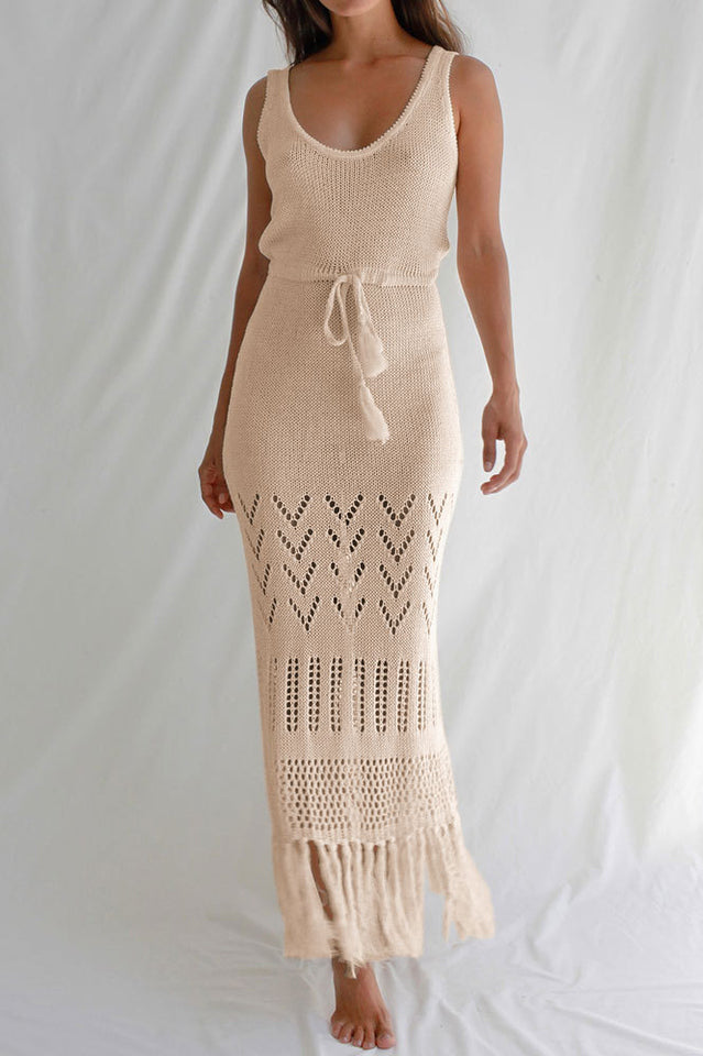 Tassel Hem Crochet Knit Cover Up Dress - Fashionpara