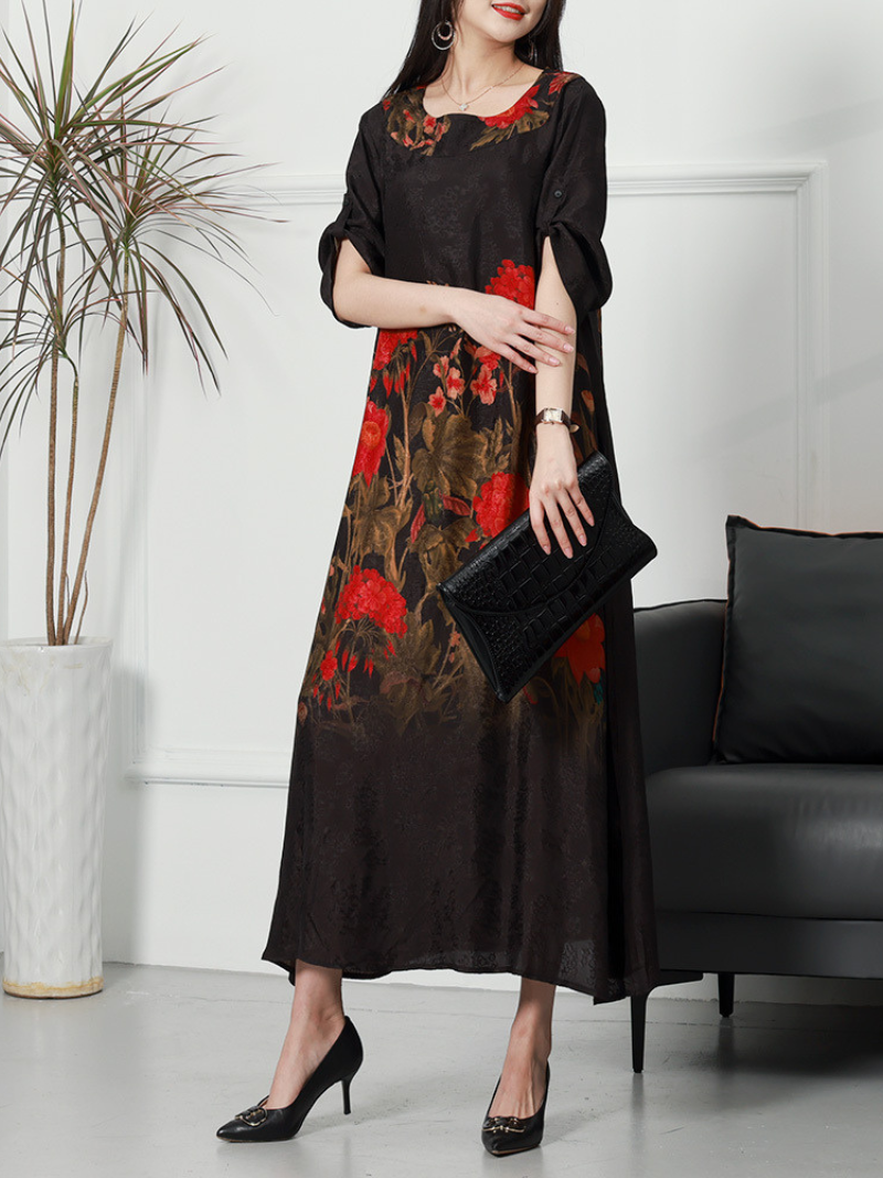 Floral Print Round Neck Half Sleeve Loose Midi Dress 5
