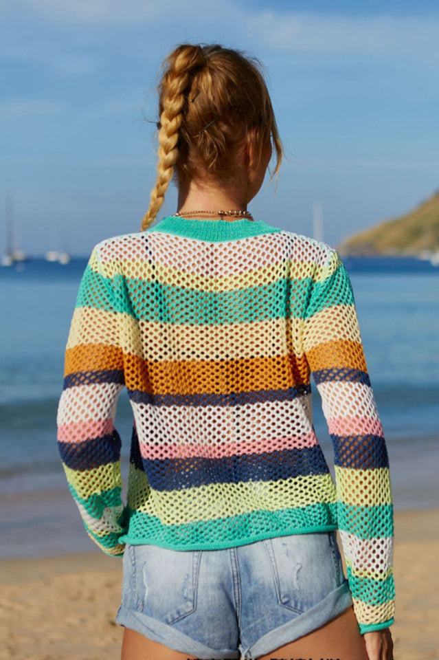 Rainbow Stripe Openwork Long Sleeve Cover Up - Fashionpara