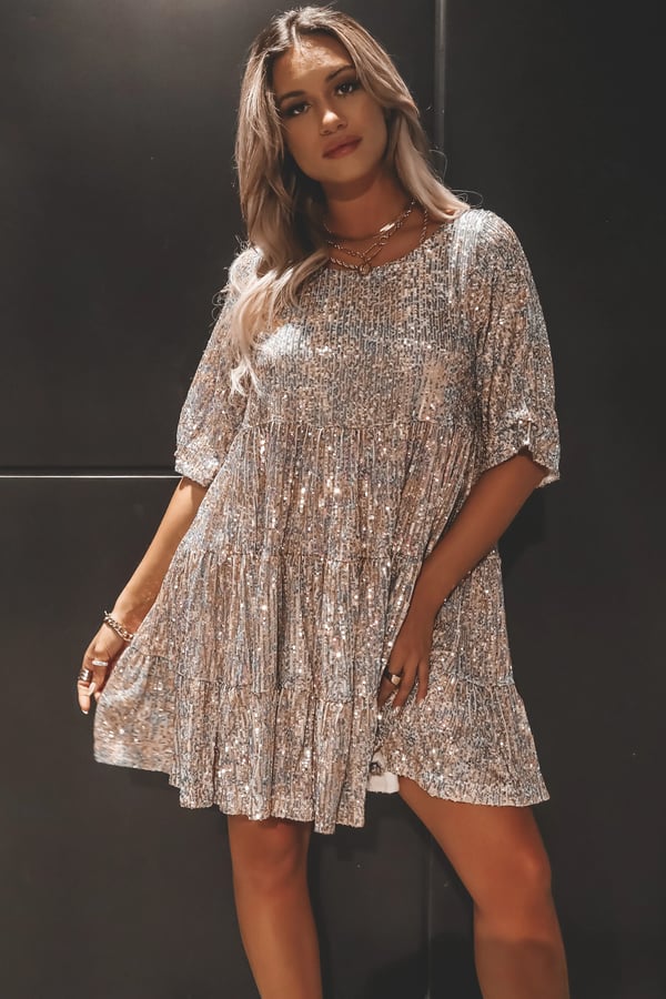 Sequin Round Neck Short Sleeve Three Tier Babydoll Mini Party Dress