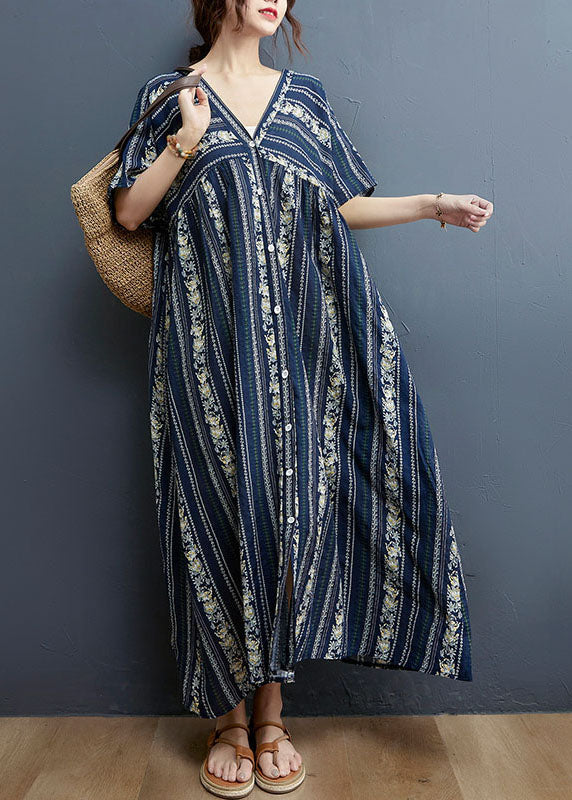 Vertical Border Print V-Neck Button Front Short Sleeve Maxi Dress - View 2
