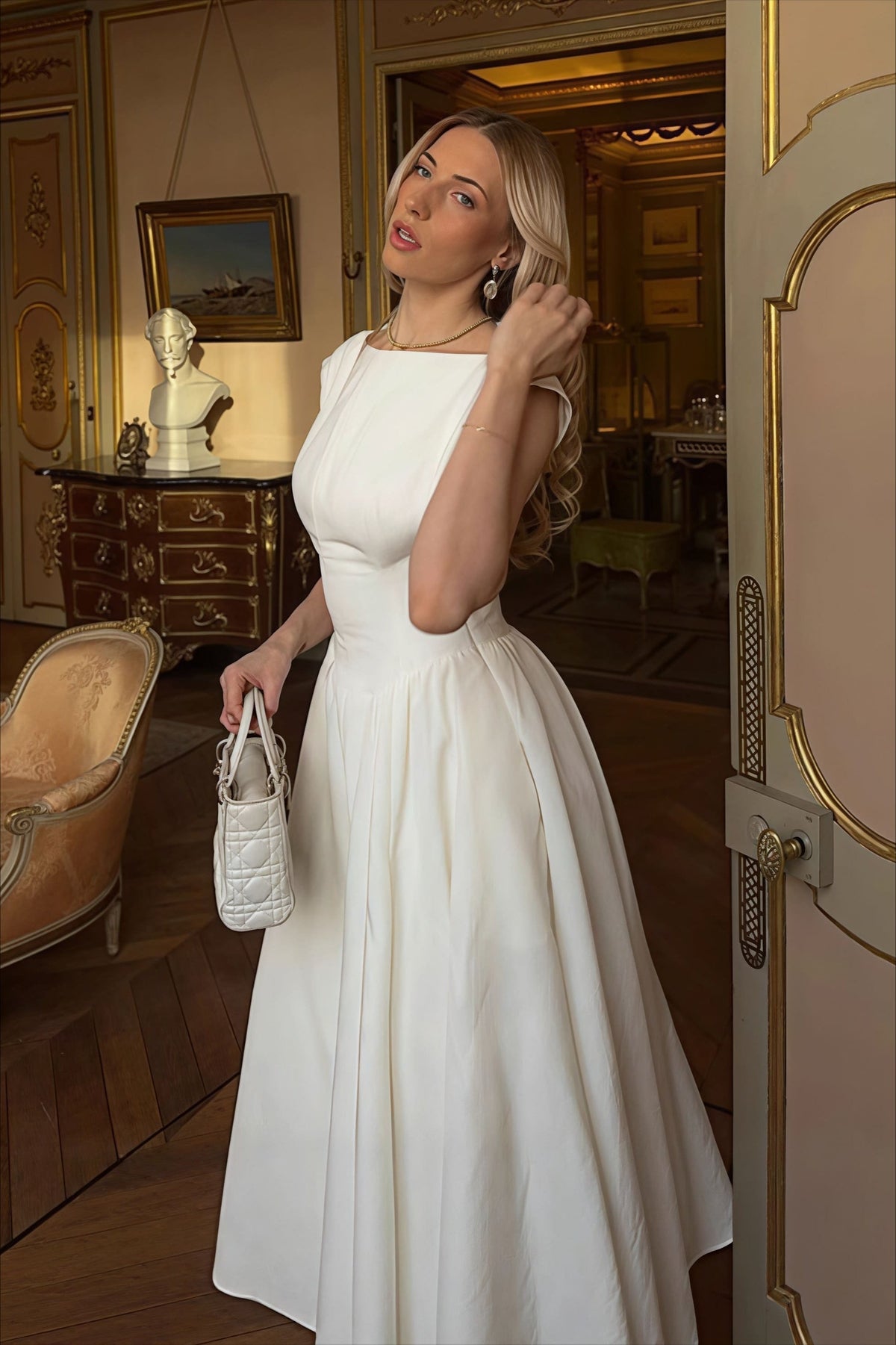 Boat Neck Cap Sleeve Fit & Flare Midi Dress