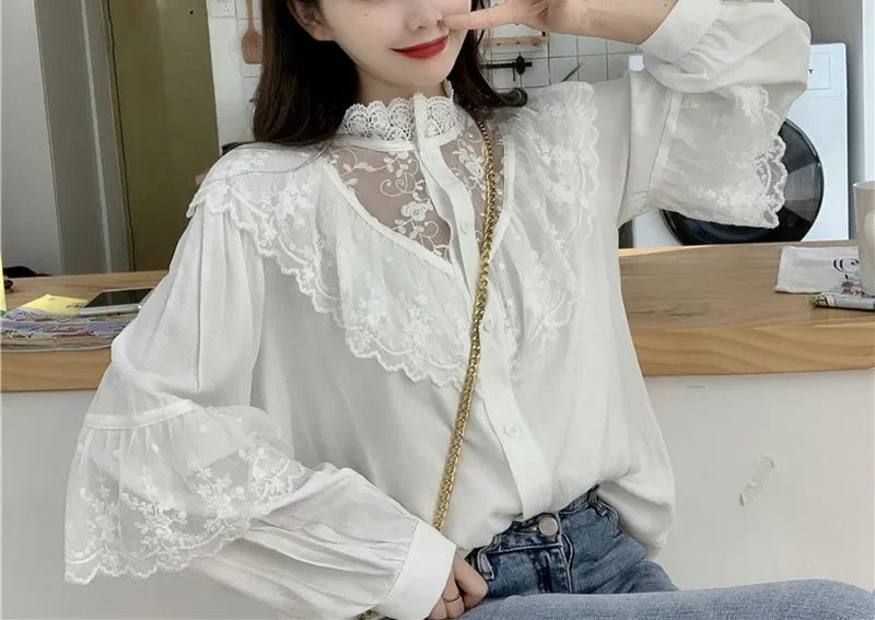 Lace Up Ruffled Sweet Loose Spring Blouse