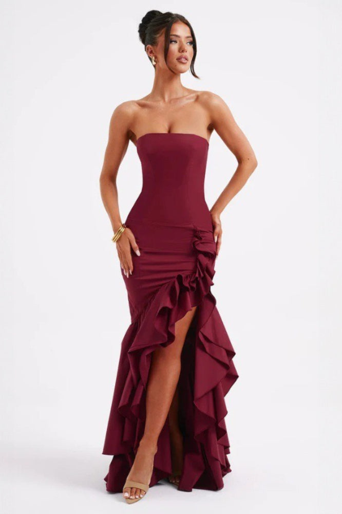Strapless Corset Ruched Ruffle Hem Mermaid Maxi Dress 7