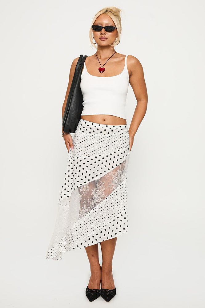 Polka Dot Lace Asymmetrical Midi Skirt - Fashionpara