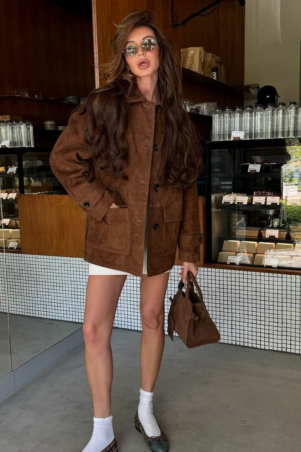 Suede Lapel Pocket Detail Coat - Fashionpara