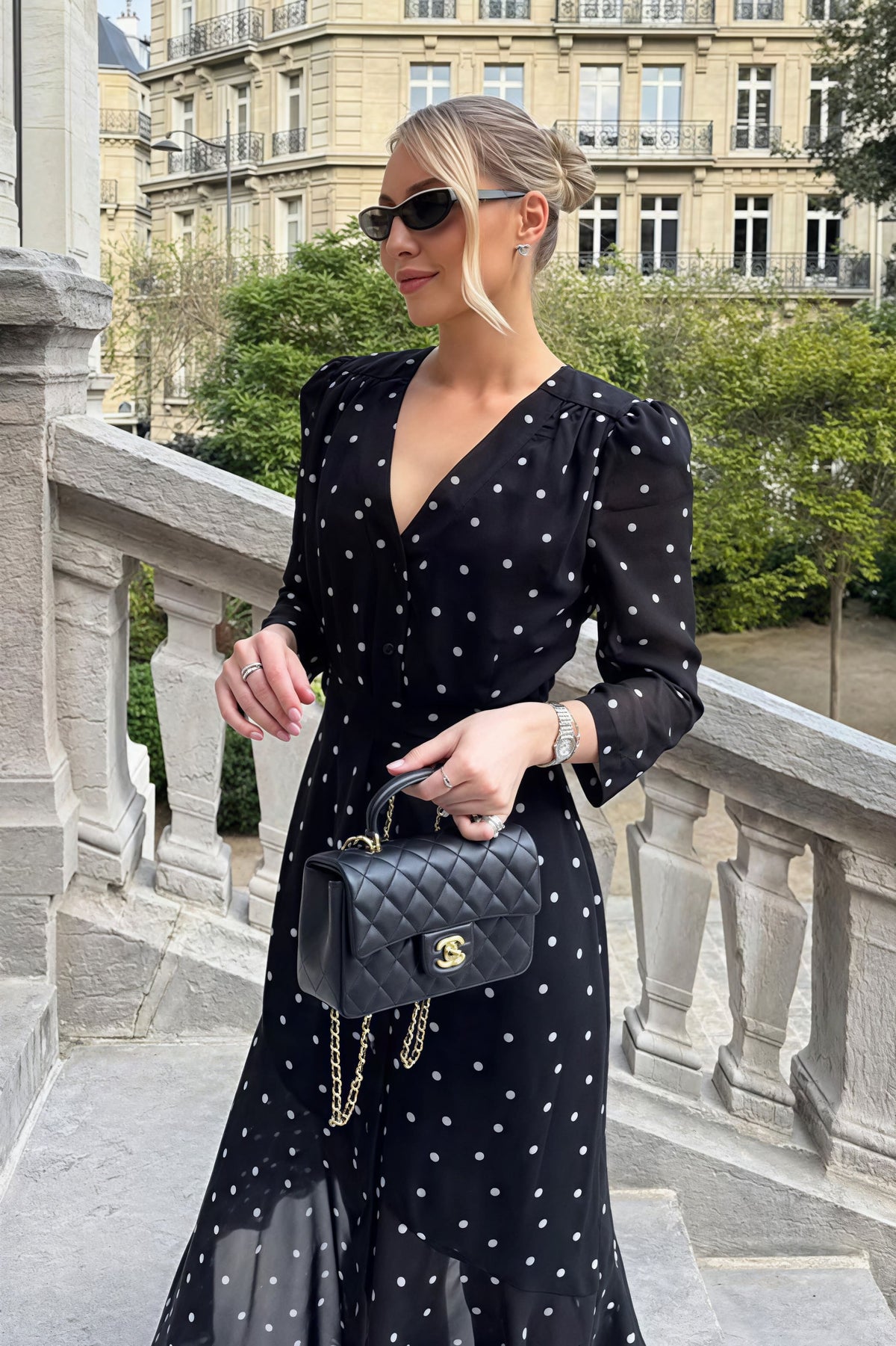 Polka Dot Chiffon V-Neck Long Sleeve Ruffle Hem Midi Dress 3