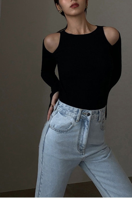 Retro Crew Neck Off-Shoulder Split-Cuff Slim Knit Top 9