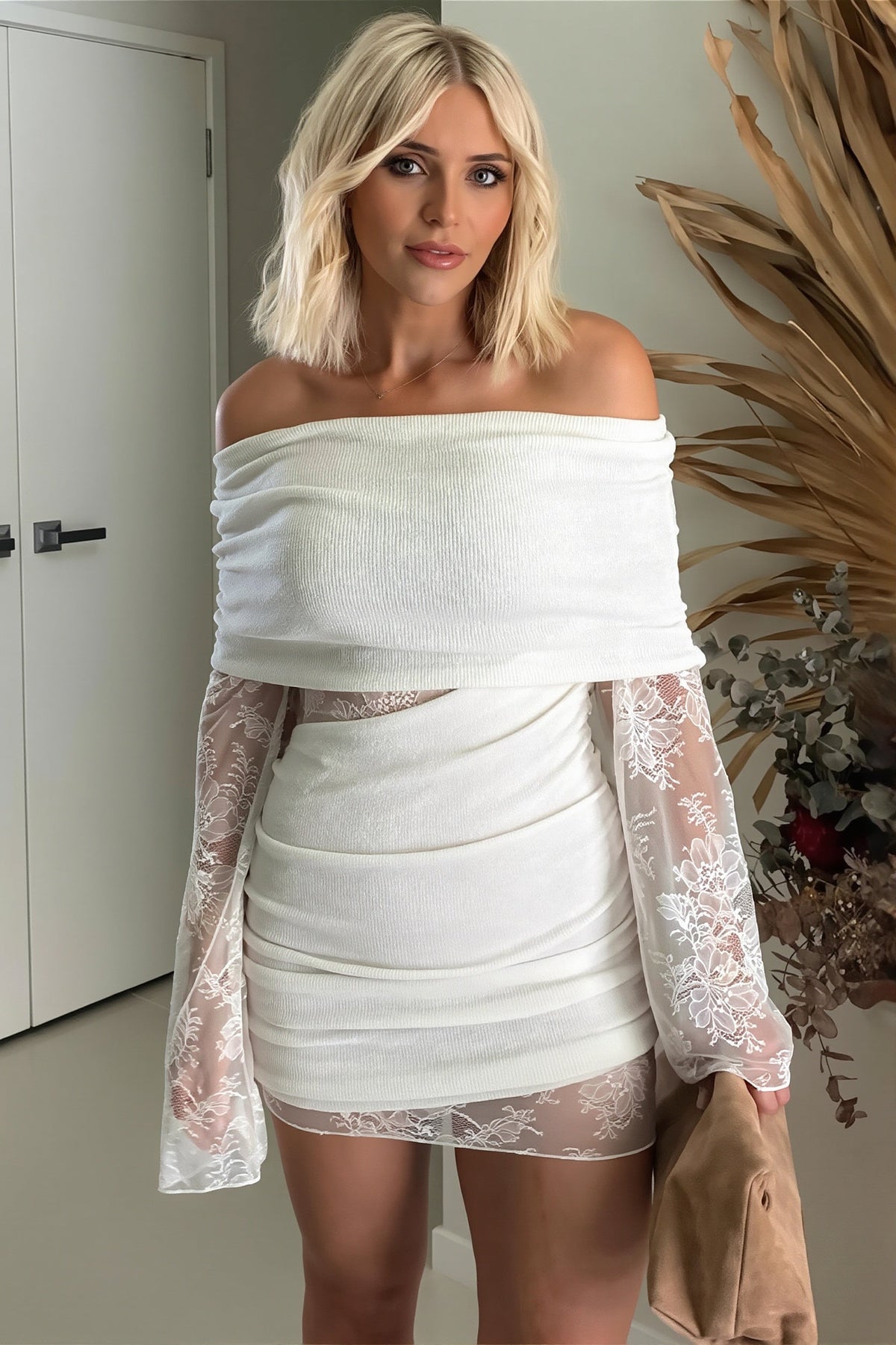 Off Shoulder Lace Sleeve Ruched Bodycon Mini Dress