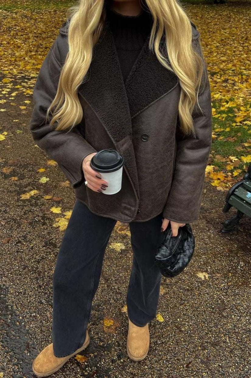 Oversized Shearling Collar Faux Suede Jacket 4