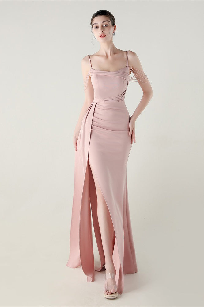 Satin Spaghetti Strap Ruched High Slit Mermaid Gown 12