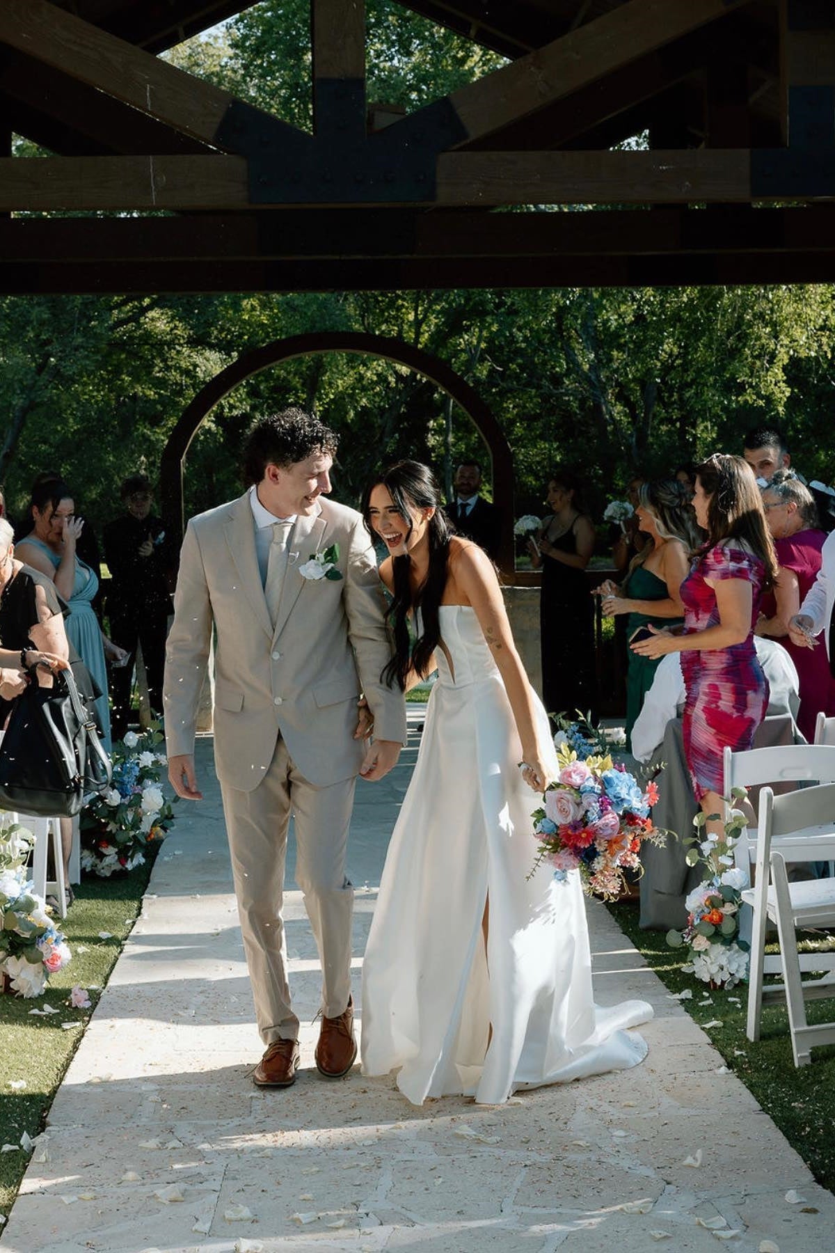 Charming A Line Deep V Neck White Satin Long Bridal Dress with Slit - Fashionpara