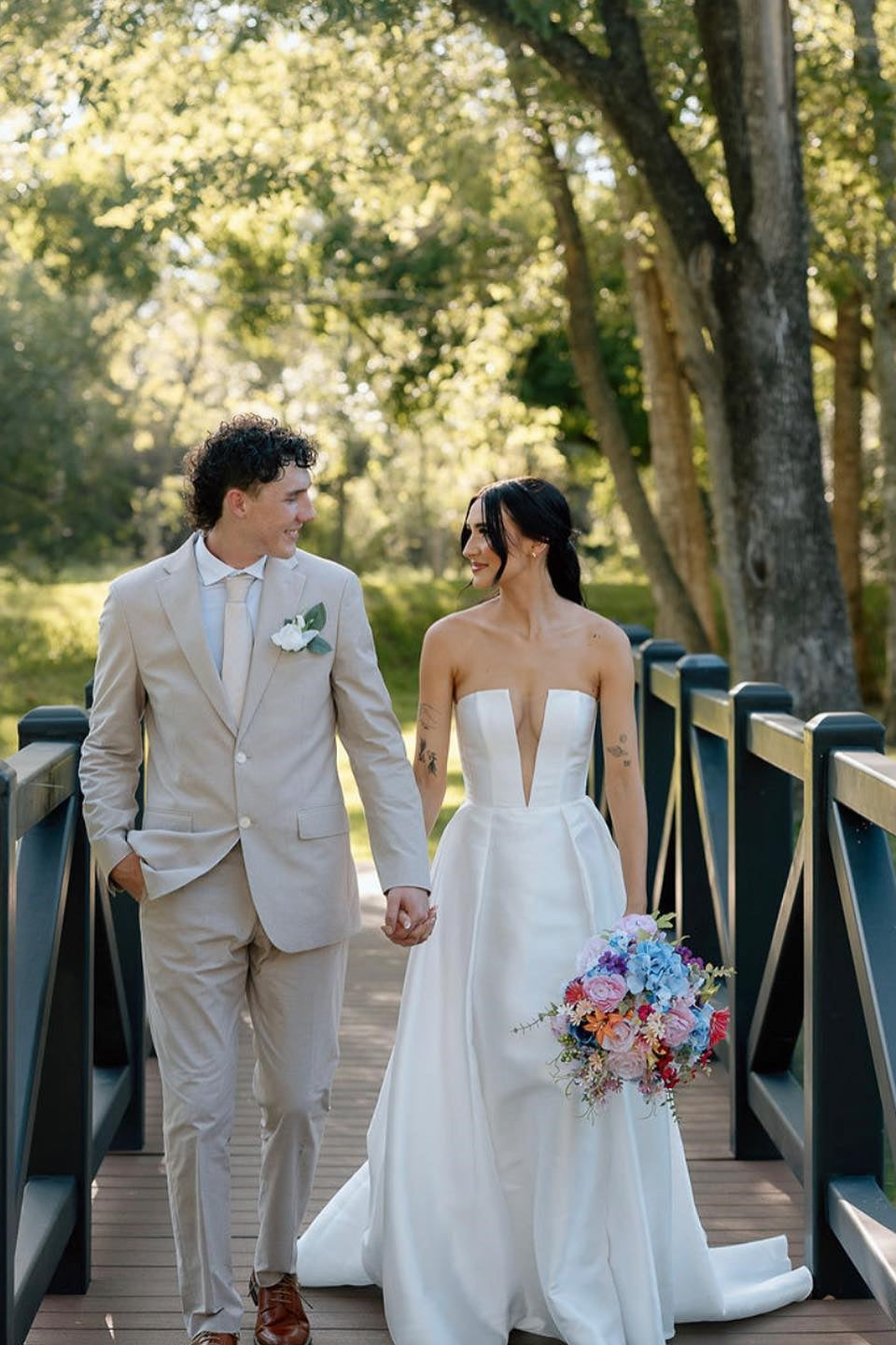 Charming A Line Deep V Neck White Satin Long Bridal Dress with Slit - Fashionpara