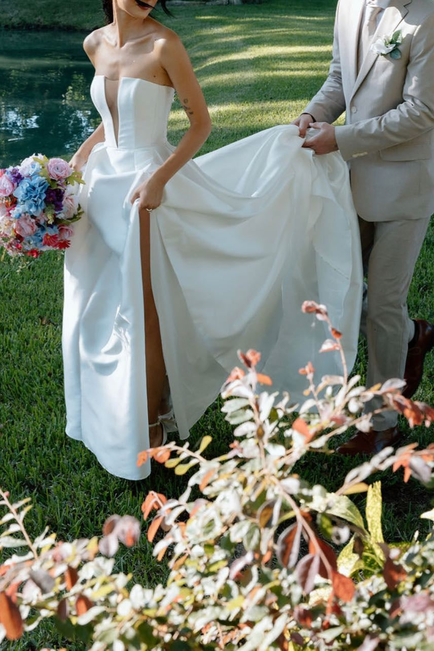 Charming A Line Deep V Neck White Satin Long Bridal Dress with Slit - Fashionpara