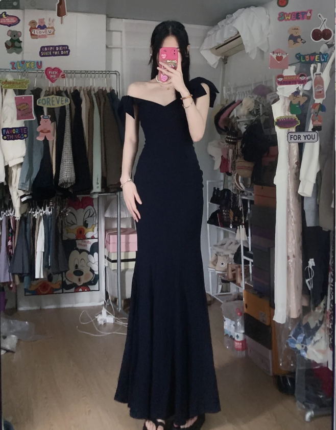 Elegant Black Mermaid V-Neck Bow Strap Satin Long Prom Dress Evening Dress P4290