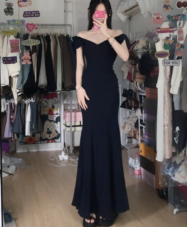 Elegant Black Mermaid V-Neck Bow Strap Satin Long Prom Dress Evening Dress P4290